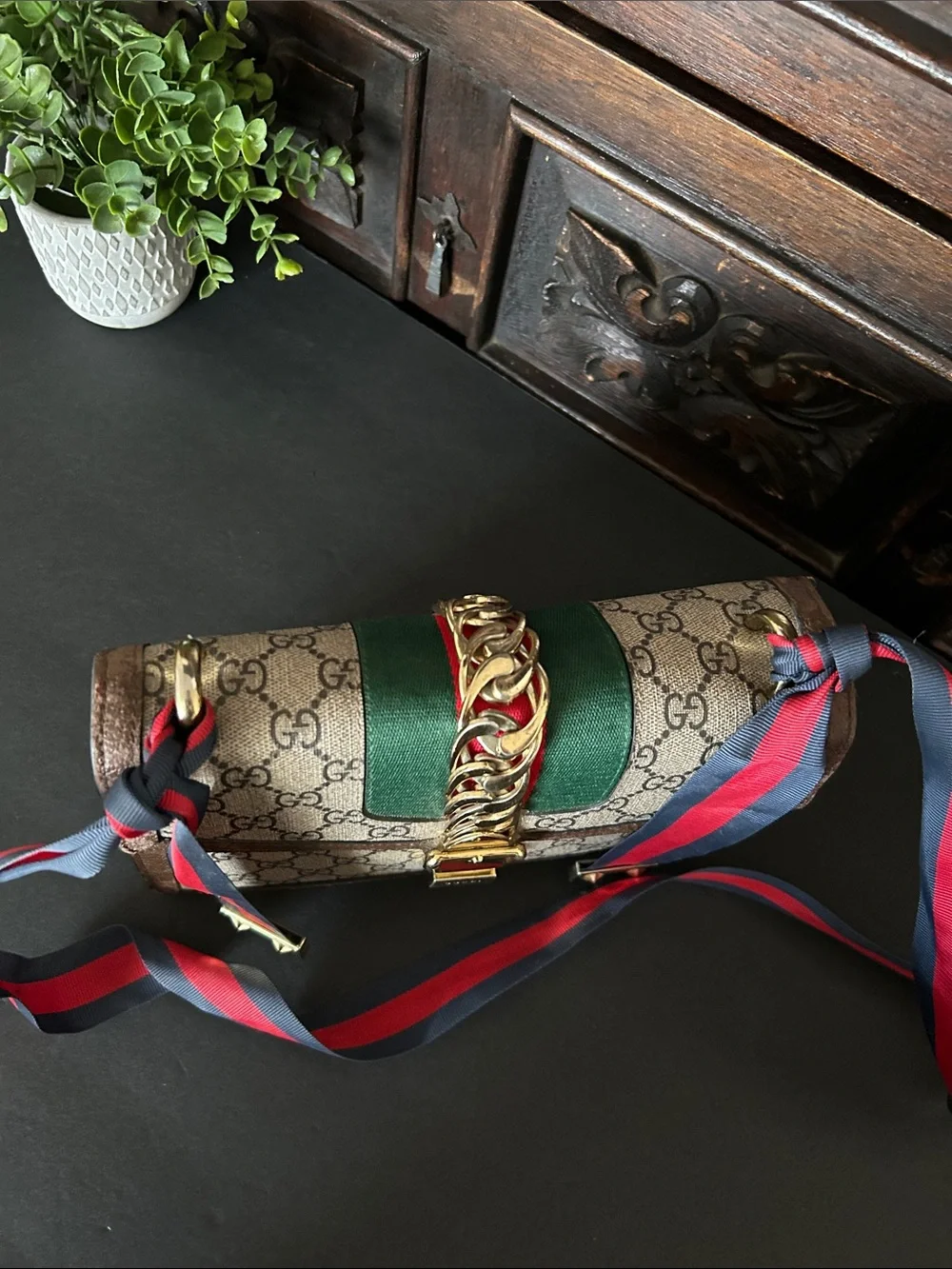 Beautiful Beige Crossbody with Green and Red-Blue Web Strap